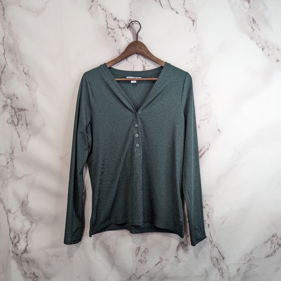 Athleta Size XL Uptempo Ribbed Henley Top Green Heather Long Sleeve Shirt V Neck - Picture 2 of 10